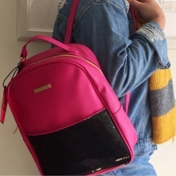 Juicy Couture Handbags - Juicy Couture Hot Pink& black sequins packpavk NWOT handles still in plastic